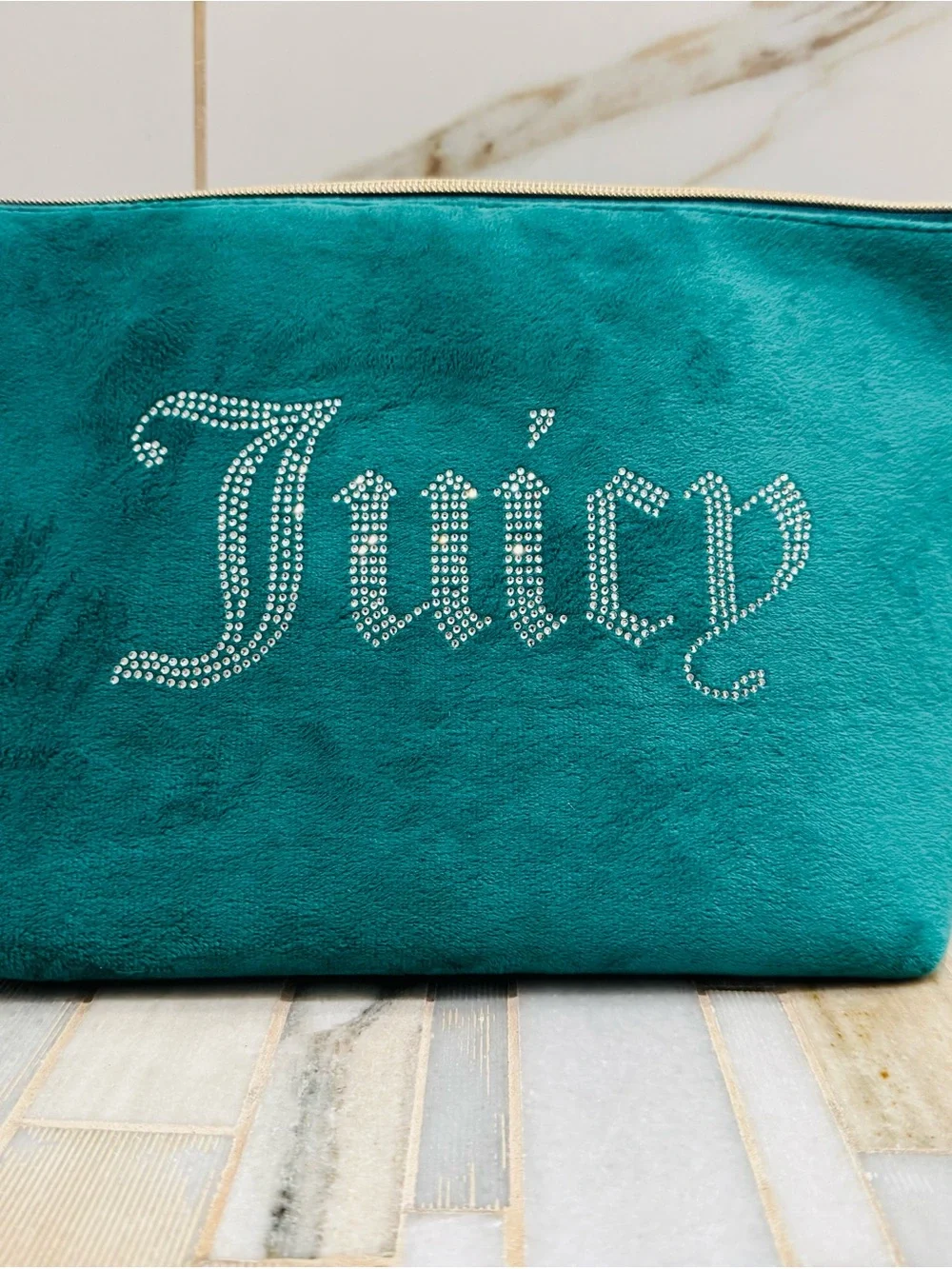 Juicy Couture Teal Velour Cosmetic Makeup Travel Pouch Rhinestone Logo